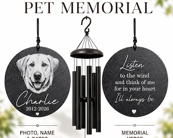 Pet Memorial Wind Chime with Photo | Personalized Dog Memorial Gift | Pet Loss Sympathy Gift | Custom Engraved Pet Remembrance