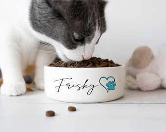 Personalized Cat Bowl Dog Pet Bowl with Name and Heart Paw Gift for Pet Food Bowl Water Bowl Small Cat Bowls Ceramic 6" or 7" White