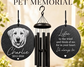 Pet Memorial Wind Chime with Photo | Personalized Dog Memorial Gift | Pet Loss Sympathy Gift | Custom Engraved Pet Remembrance