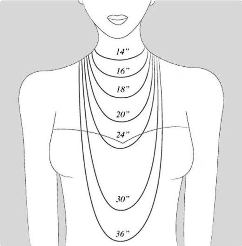 May include: Illustration of a person with a series of necklaces of varying lengths, from 14 inches to 36 inches. The necklaces are shown in a layered arrangement, demonstrating how they would appear when worn. The image is in black and white.