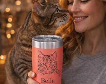 Personalized Cat Tumbler Gift – Custom Cat Portrait from Photo, Pet Memorial Cup, Cat Lover Gift, Name Engraved Mug