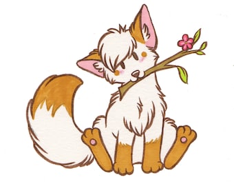 White Fox and Flower Sticker