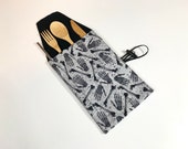Skeleton bones and Hands Print Cotton Antimicrobial Reusable Cutlery and Travel Straw Roll Up Wrap Carrying Pouch