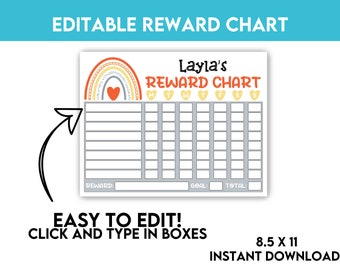May include: Editable rainbow reward chart printable with the text "Layla's Reward Chart" and spaces for each day of the week. The chart has a section for reward, goal, and total.