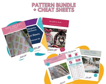Beginner quilt pattern PDF bundle - 6 Products, Easy Patterns for beginners- 2 quilt patterns, bag and runner pattern, quilter cheat sheets.