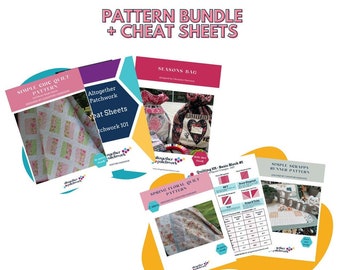 Beginner quilt pattern PDF bundle - 6 Products, Easy Patterns for beginners- 2 quilt patterns, bag and runner pattern, quilter cheat sheets.