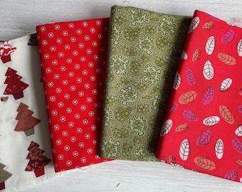 Quilting fabric Bundle|Fat Quarter Bundle|Red, White & Olive Christmas fabric
