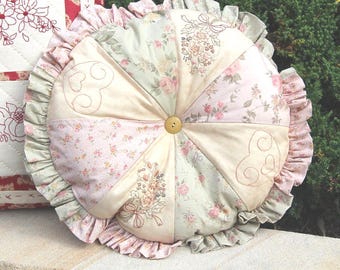 Patrón PDF de cojín, cojín Briar Rose rosa y verde, cojín redondo bordado,