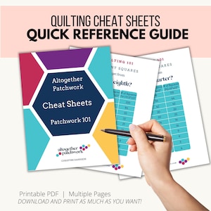 May include: Quilting cheat sheets quick reference guide featuring multiple pages of patchwork 101 information. The cover displays a dark blue hexagon with white text, surrounded by colourful geometric shapes and the title Altogether Patchwork.