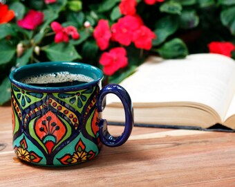 Talavera Hand Painted Mug, Mexican Mug, Mexican Pottery, Mexican Kitchen, Mexican Coffee Mug, Floral Mug, Ceramic Mug -- "Peacock Party""