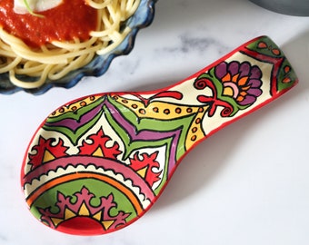 Talavera Style Ceramic Spoon Rest, Mexican Spoon Rest, Rustic Spoon Rest