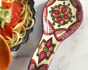 Purple and Red Talavera Style Ceramic Spoon Rest