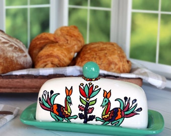 Mexican Covered Butter Dish - Otomi Inspired Butter Dish - Mexican Folk Art