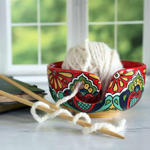 Talavera Pottery Ceramic Yarn Bowl Knitting Bowl Crochet Bowl royal Border  