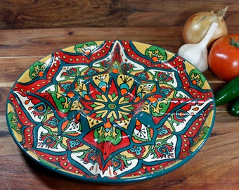 Multi-Sectioned Appetizer Tray, Sectioned Tray, Chip and Dip, Serving Tray, Talavera Platter, Mexican Platter "Fire Bird"