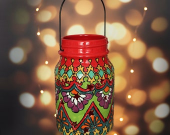 Talavera Pottery Bohemian Lantern, Mindfulness Gift, Outdoor Lantern --  Large/"Peacock"