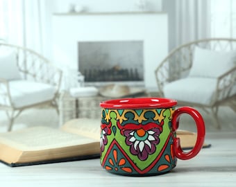 Talavera Hand Painted Mug, Mexican Mug, Mexican Pottery, Mexican Kitchen, Mexican Coffee Mug, Floral Mug, Ceramic Mug - "Grand Garland"