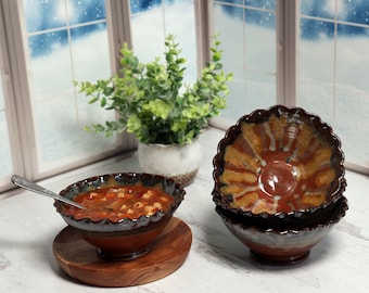 Set of Four "Golden Comet" Stoneware Pasta Bowls/Salad Bowls with Fluted Rim/ 2.0 cup/ 16 oz capacity each