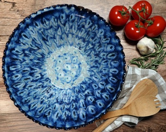 Pottery Dinnerware Bowl, Blue Peacock Ceramic Pasta Bowl, Handmade