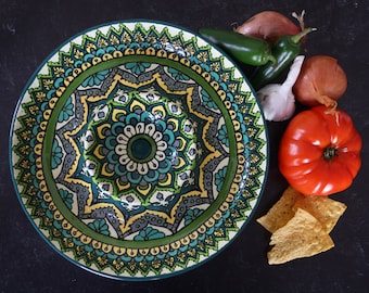 Peacock Chip and Dip, Talavera Chip N Dip, Party Platter, Mexican Pottery, Serving Platter, Mexican Platter -- "Spring Mandala"