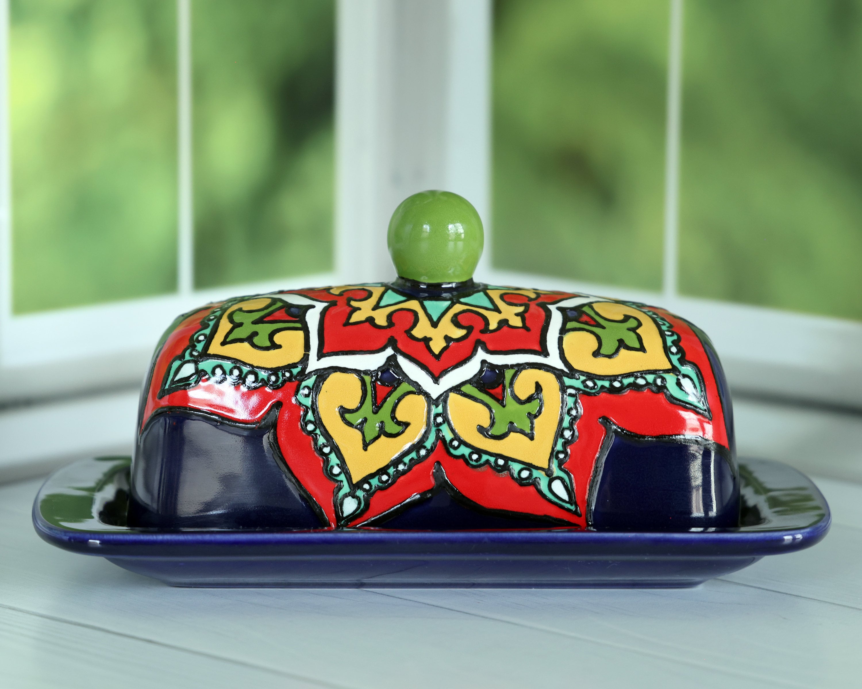 Mexikanische Butterdose Aus Talavera-Keramik – Handbemalt, Blau-weißes Blumen-Design, Mit Deckel