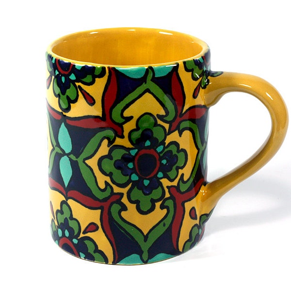 Yellow, Green, & Teal Talavera Style Mug/Coffee Cup -- "Starburst Flower"