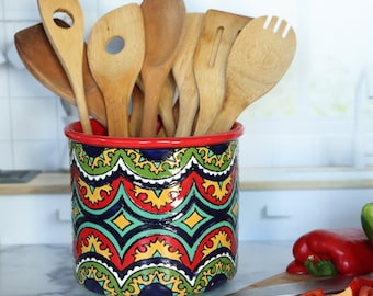 Talavera Pottery Utensil Crock, Large Utensil Holder, Talavera Vase