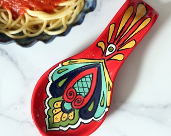 Talavera Style Ceramic Spoon Rest, Mexican Spoon Rest, Rustic Spoon Rest