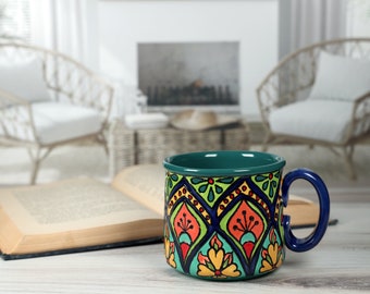 Talavera Hand Painted Mug, Mexican Mug, Mexican Pottery, Mexican Kitchen, Mexican Coffee Mug, Floral Mug, Ceramic Mug - "Rainbow Mandala"