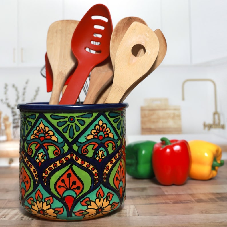 Talavera Pottery Utensil Crock, Large Utensil Holder, Talavera Vase