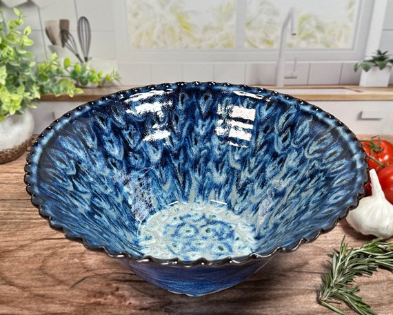 Große Keramik Suppenschüssel, Große Keramik Obst/Pasta Schüssel, Blaue Pfau Glasur