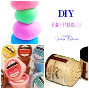 May include: A DIY tutorial for making bubble bath dough. The image shows a stack of colorful bubble bath dough, a variety of small containers of bubble bath dough, and two jars of chocolate chip cookie dough bubble bath. The text on the jars reads "DIY Bubble Bath Dough, Tutorial by Sandra Halossier, Chocolate Chip Cookie Dough Bubble Bath, Sandra & Co."