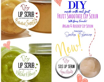 DIY Fruit Smoothie Lip Scrubs made with Real Fruit. Bonus Formula Argan and Rosehip Lip Serum. Contains Beeswax and Honey