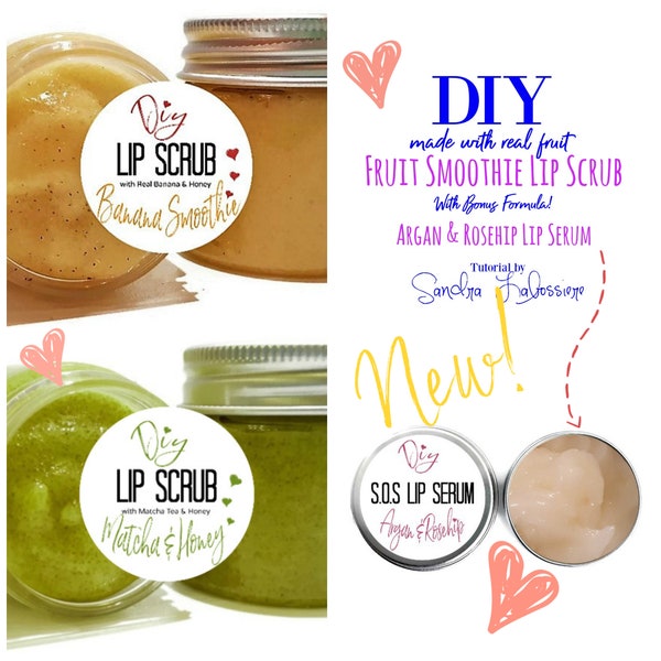 DIY Fruit Smoothie Lip Scrubs made with Real Fruit. Bonus Formula Argan and Rosehip Lip Serum. Contains Beeswax and Honey