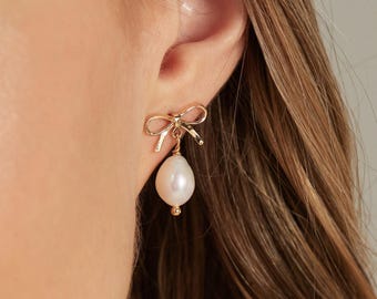 Zoetwaterparel strikoorbellen, gouden pareloorbellen, flirtstekers, bruidsoorbellen, trouwoorbellen voor bruiden, cadeau bruidsmeisje
