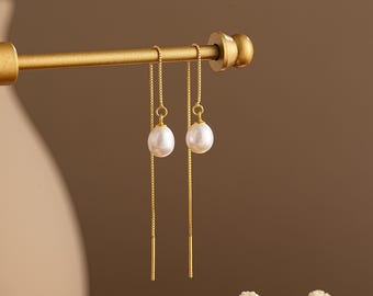 Pearl Threader Earrings,Freshwater Pearl Dangle Earrings,Long Pearl Earrings,Real Pearl Drop Earrings,Bridal Earring,Gold Chain Earring