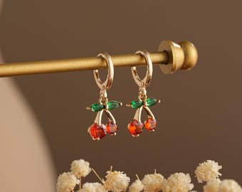 Cherry Earrings,Cherry Charm Earrings, Crystal Hoop Earrings, Cherry Huggies, Trendy Earrings,Cherry Jewelry, Gift for her, Christmas Gift