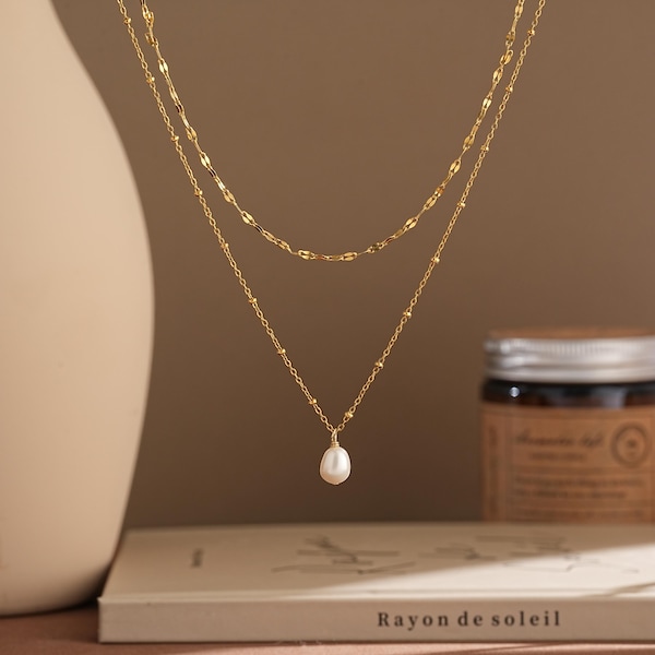 Double Layer Pearl Necklace,Tiny Freshwater Pearl Necklace,Gold Pearl Drop Necklace,Minimalist Necklace,Wedding Jewelry,Bridesmaid Gift