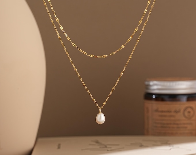 Double Layer Pearl Necklace,Tiny Freshwater Pearl Necklace,Gold Pearl Drop Necklace,Minimalist Necklace,Wedding Jewelry,Bridesmaid Gift