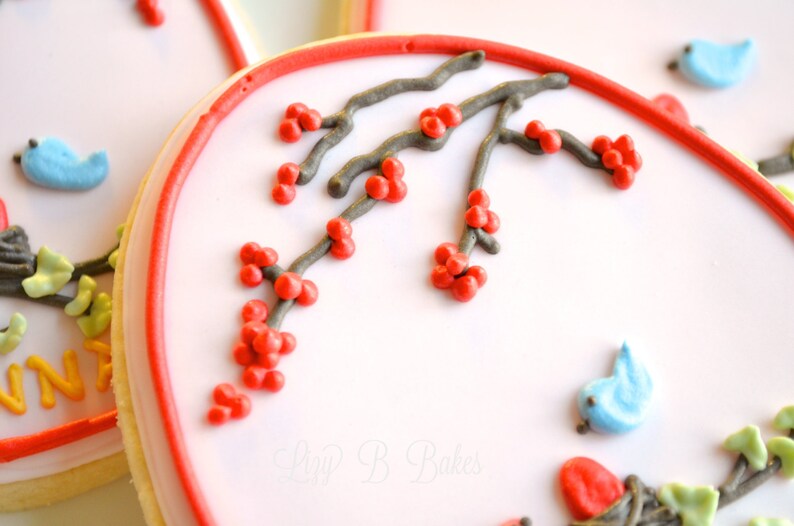 May include: A close-up of a heart-shaped cookie decorated with red and gray icing. The icing depicts a branch with red berries and two blue birds. The cookie is surrounded by a red border.
