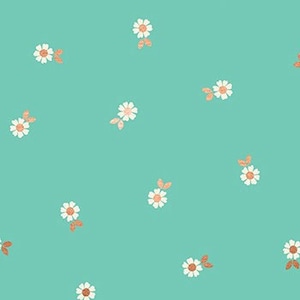 May include: A teal fabric with a white and copper floral pattern. The fabric has a repeating pattern of small white flowers with copper leaves.