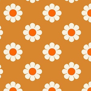 May include: A seamless pattern featuring white daisies with orange centres on a brown background.