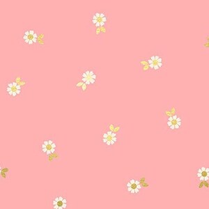 May include: Pink fabric with a white daisy and gold leaf pattern. The fabric has a ruler with the text "RUBY STAR SOCIETY" printed on it.