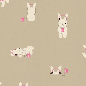 May include: A repeating pattern on a light brown background featuring cream-coloured cartoon rabbits in various poses. Each rabbit wears pink headphones connected by a cord to a small pink music player, creating a playful and rhythmic visual design.