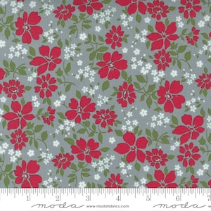 May include: Grey fabric with a red floral pattern. The fabric features a repeating pattern of red flowers with white centres and green leaves on a grey background. The fabric is perfect for quilting, sewing, and crafting.