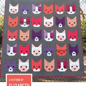 May include: A quilt pattern featuring a sampler of 25 cat faces in various colours and patterns. The quilt is 66 inches by 66 inches and is titled "The Kittens".