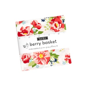 May include: Fabric squares with a floral design, showing red and pink flowers with green leaves on a white backdrop. The label reads "berry basket" and includes a ruler for measurement.