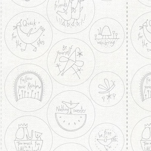 May include: A set of 10 embroidery patterns featuring whimsical illustrations and inspirational quotes. The patterns include a duck, a dragonfly, a watermelon, a rainbow, and more. Each pattern is printed on a white circle.