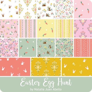 May include: A collection of 12 fabric squares featuring a variety of pastel coloured patterns with bunnies, carrots, and eggs. The fabric squares are arranged in a grid pattern and the text "Easter Egg Hunt" is displayed at the bottom of the image. The text "by Natalia Juan Abello" is displayed below the title.