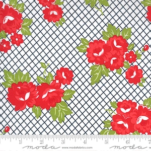 May include: White fabric with a red floral pattern and a navy blue grid. The fabric is printed with the text "moda" and "www.modafabrics.com".
